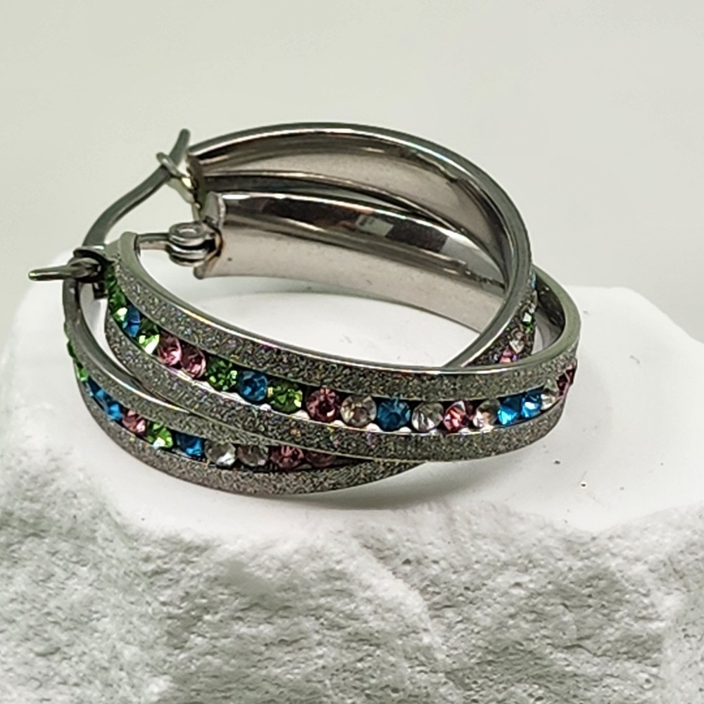 Silver Tone Multicolor Rhinestone Hoop Earrings Textured Statement Party Glam